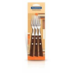 Conjunto de Garfos De Mesa Tramontina Tradicional Com Lâminas Em Aço Inox E Cabos De Madeira Natural 3 Peças