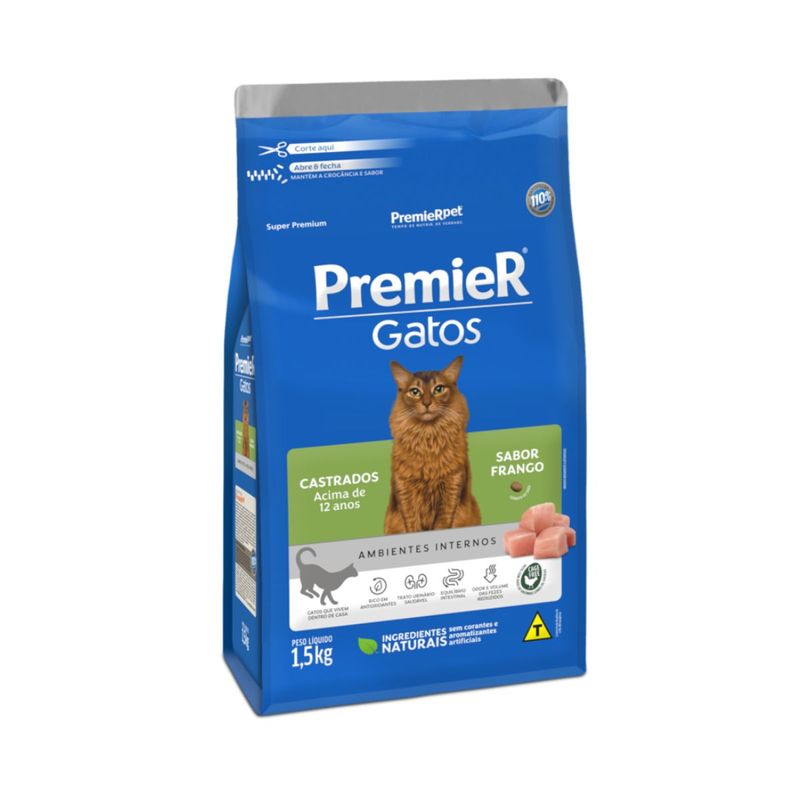 Ra  o Seca Premier Ambientes Internos para Gatos S nior Castrados 12  Frango 1 5kg 0