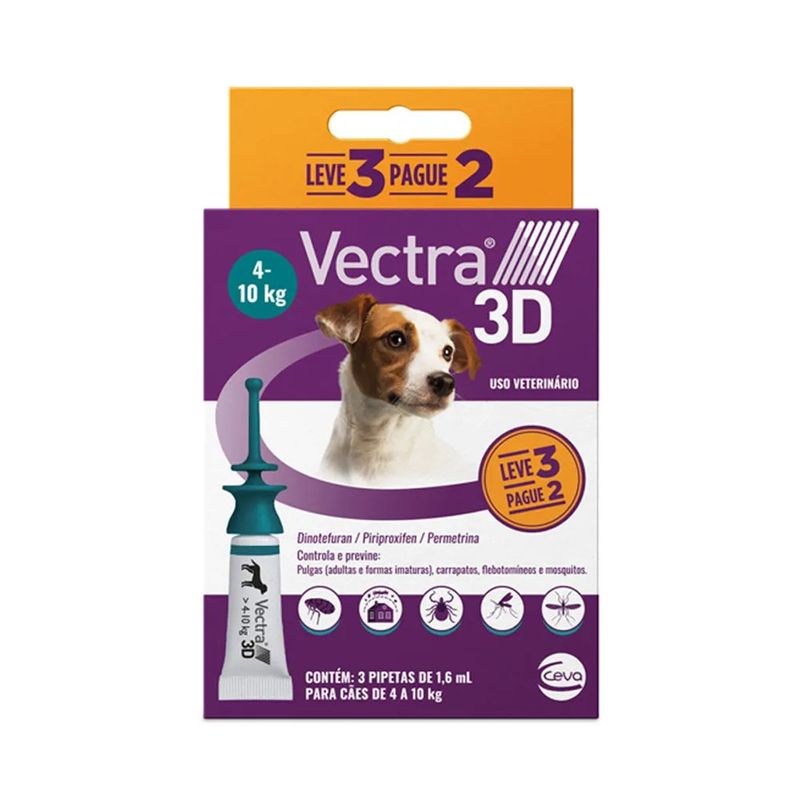 Antipulgas Ceva Vectra 3D 1 6ml para C es de 4kg at  10kg - Cont m 3 pipetas 0