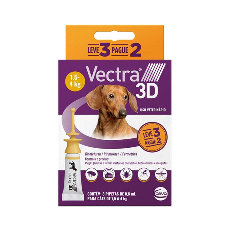 Antipulgas Ceva Vectra 3D 0 8ml para C es de 1 5kg at  4kg - Cont m 3 pipetas 0