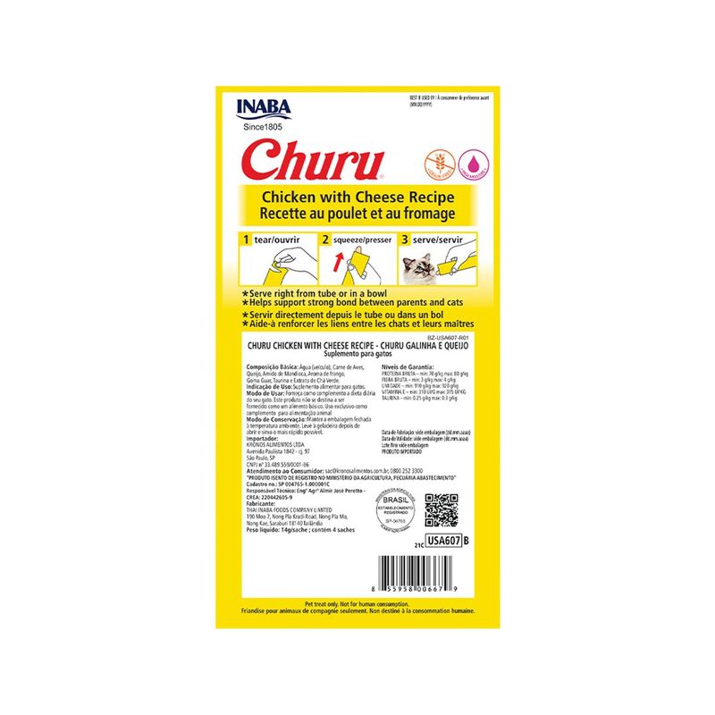 Petisco Churu para Gatos Galinha com Queijo - Pacote com 04 unidades de 14g cada 1