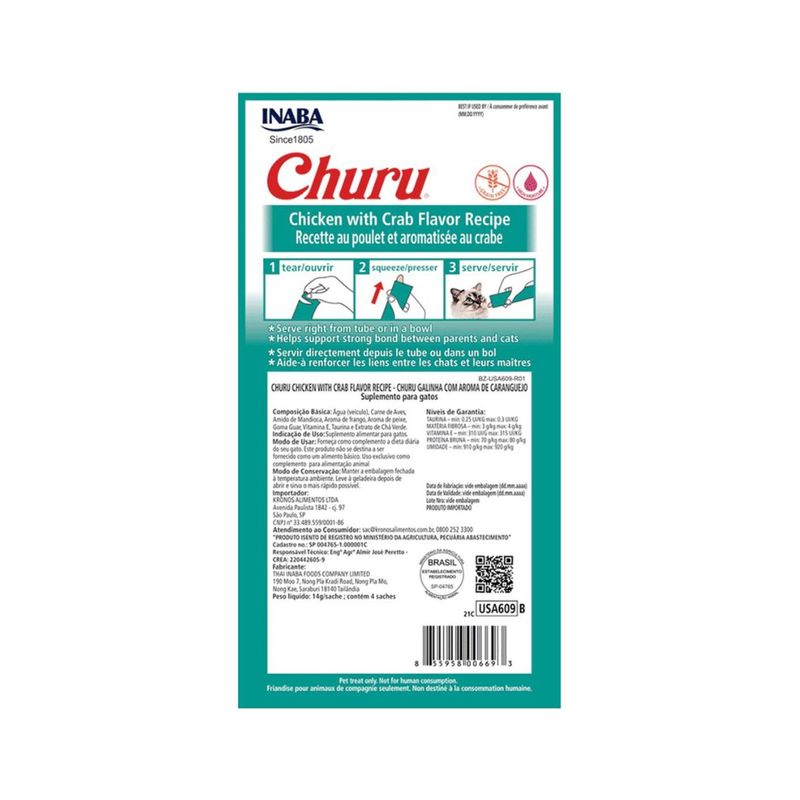 Petisco Churu para Gatos Galinha com aroma de Caranguejo - Pacote com 04 unidades de 14g cada 1