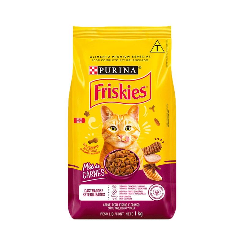 Ra  o Seca Friskies para Gatos Adultos Castrados Mix de Carne 1kg 0