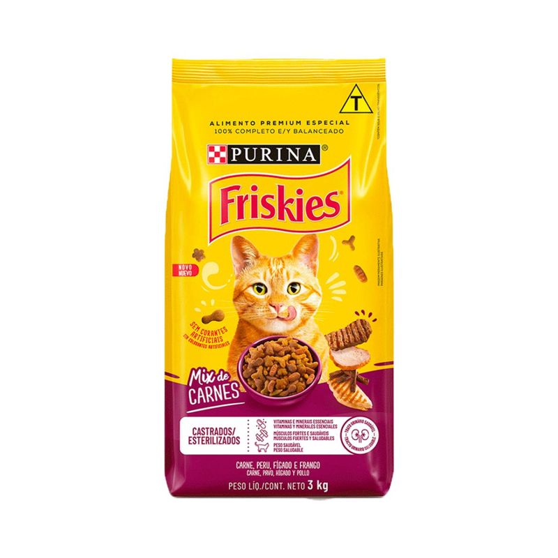 Ra  o Seca Friskies para Gatos Adultos Castrados Mix de Carne 3kg 0