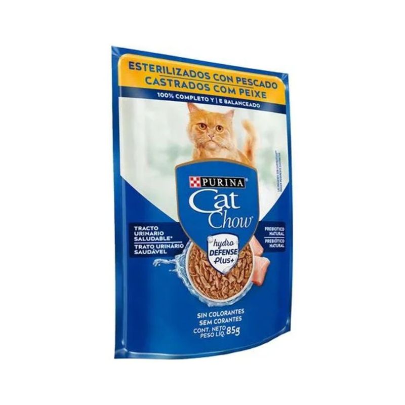 Ra  o  mida Cat Chow para Gatos Castrados Defense Hydro Peixe ao Molho Sach  85g 1