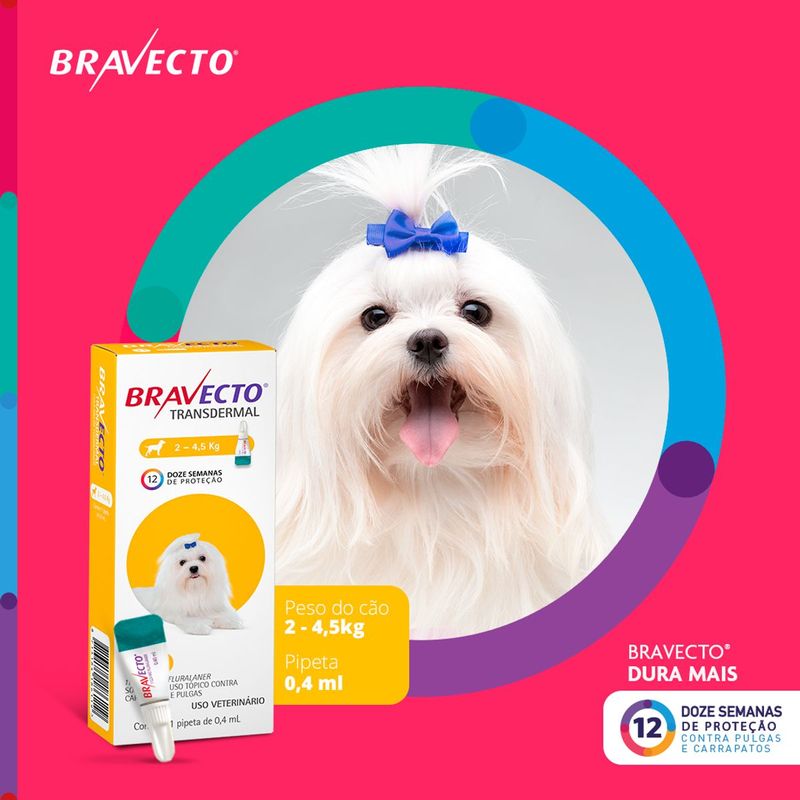 Antipulgas e Carrapatos Bravecto  C es Transdermal 2 a 4 5kg 112 5mg 1 Pipeta 0 4ml MSD Sa de Animal 1