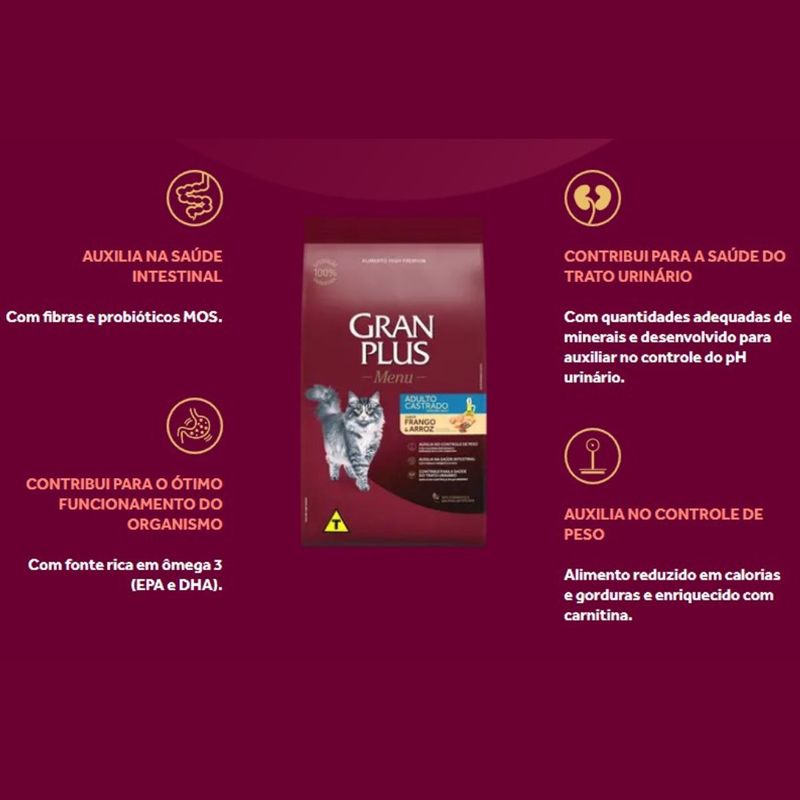Ra  o Seca GranPlus Menu Gatos Adultos Castrados Frango e Arroz 10 1kg 3
