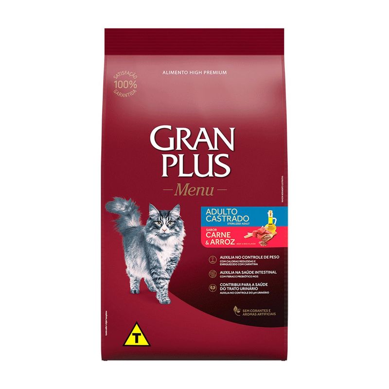 Ra  o Seca GranPlus Menu Gatos Adultos Castrados Carne e Arroz 10 1kg 0