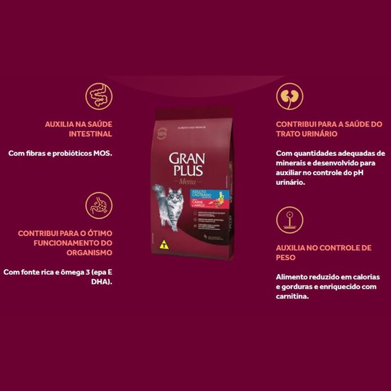 Ra  o Seca GranPlus Menu Gatos Adultos Castrados Carne e Arroz 10 1kg 2
