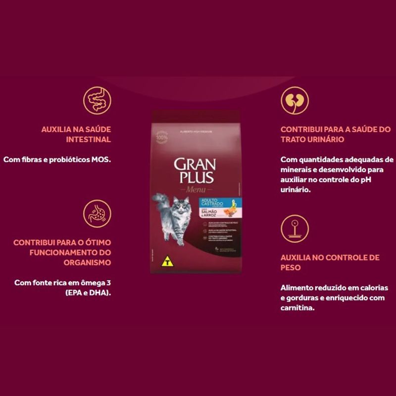 Ra  o Seca GranPlus Menu Gatos Adultos Castrados Salm o e Arroz 3kg 2