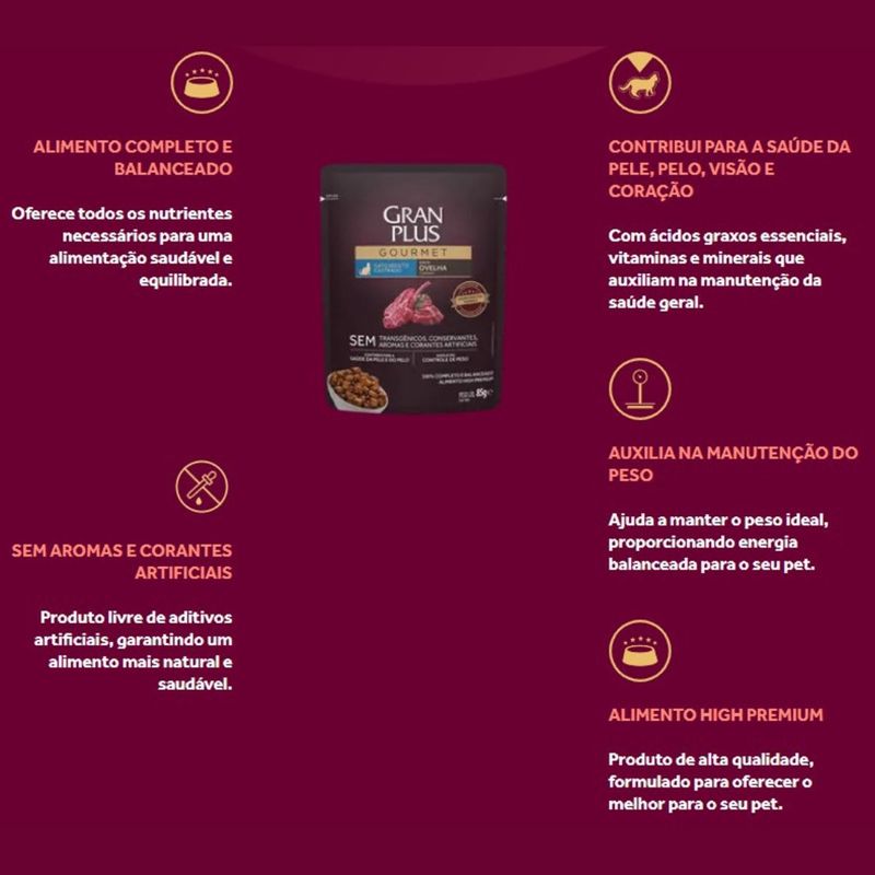 Ra  o  mida GranPlus Gourmet para Gatos Adultos Castrados Ovelha 85g 2