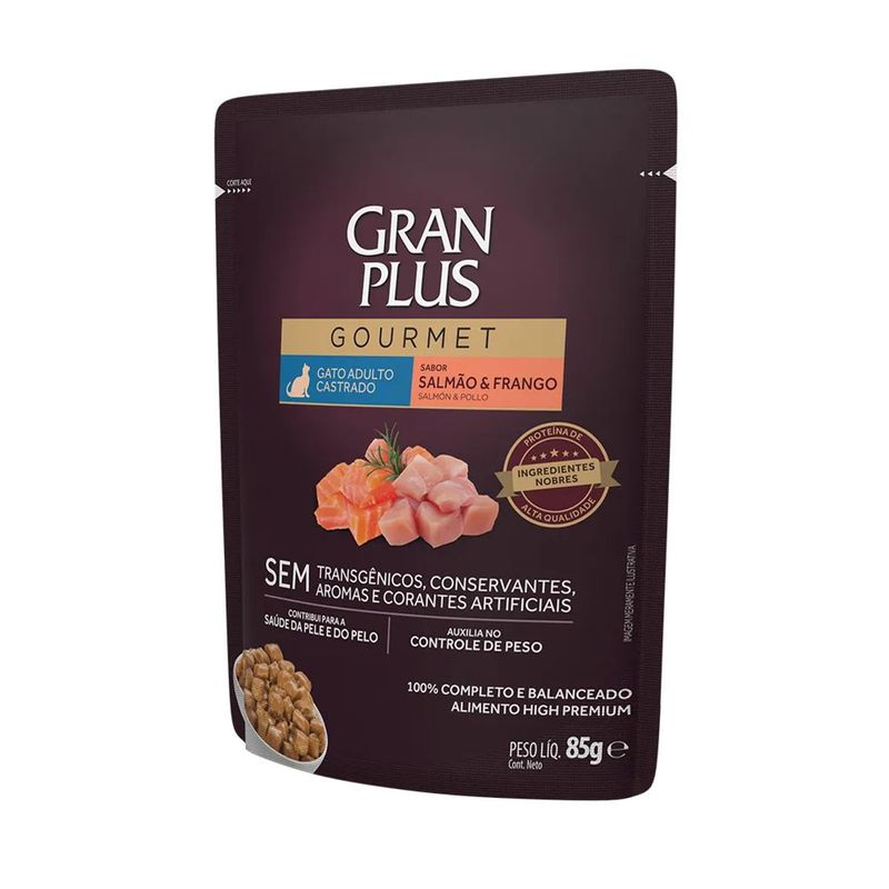 Ra  o  mida GranPlus Gourmet para Gatos Adultos Castrados Salm o e Frango 85g 1