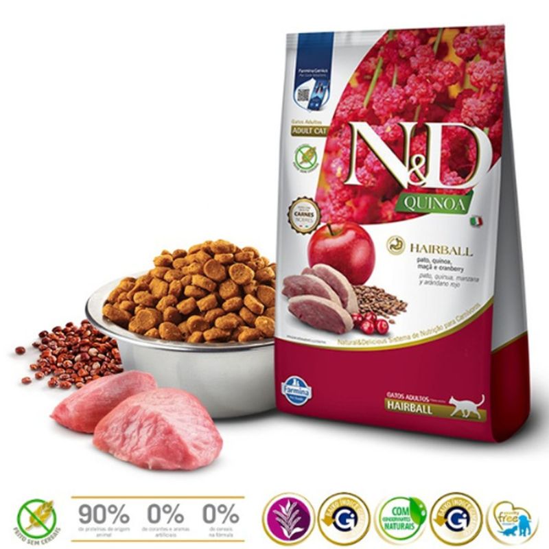 Ra  o Seca N D Quinoa Hairball para Gatos Adultos Pato  Quinoa  Ma   e Cranberry 1 5kg 2