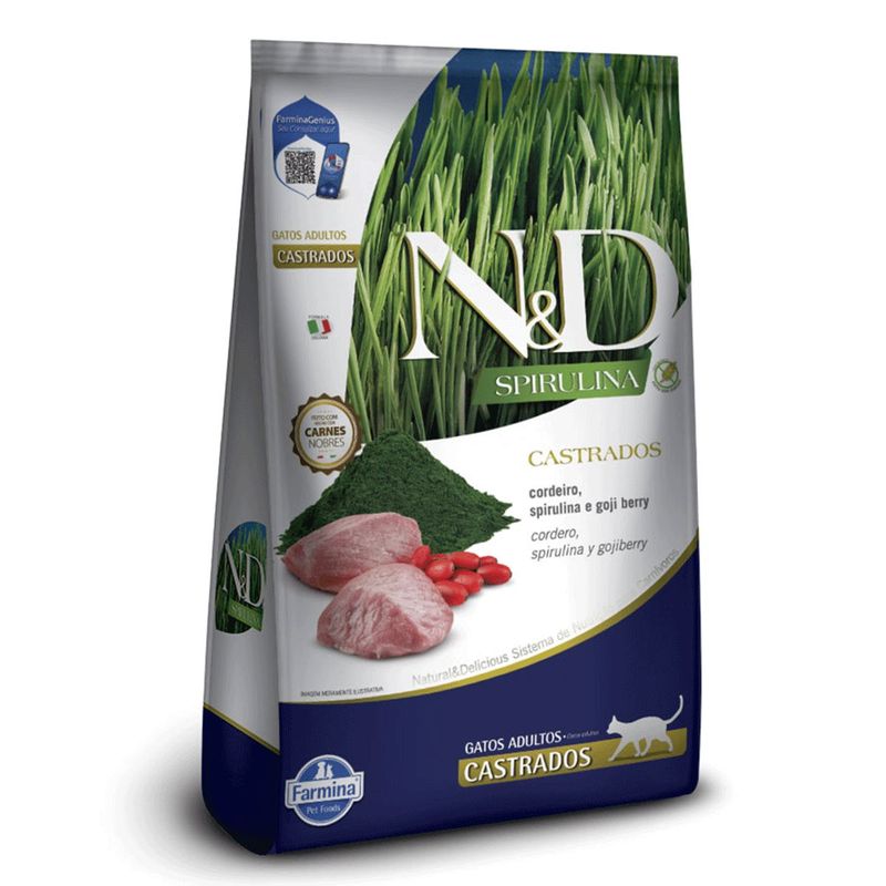 Ra  o Seca N D Spirulina para Gatos Adultos Castrados Cordeiro  Spirulina e Goji Berry 1 5kg 1