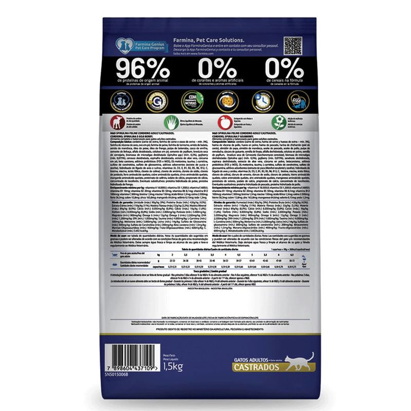 Ra  o Seca N D Spirulina para Gatos Adultos Castrados Cordeiro  Spirulina e Goji Berry 1 5kg 4