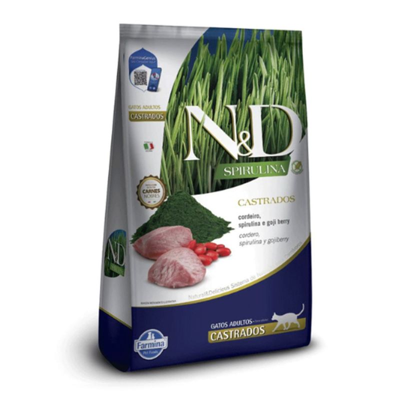 Ra  o Seca N D Spirulina para Gatos Adultos Castrados Cordeiro  Spirulina e Goji Berry 7kg 0