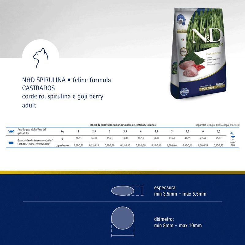Ra  o Seca N D Spirulina para Gatos Adultos Castrados Cordeiro  Spirulina e Goji Berry 7kg 9