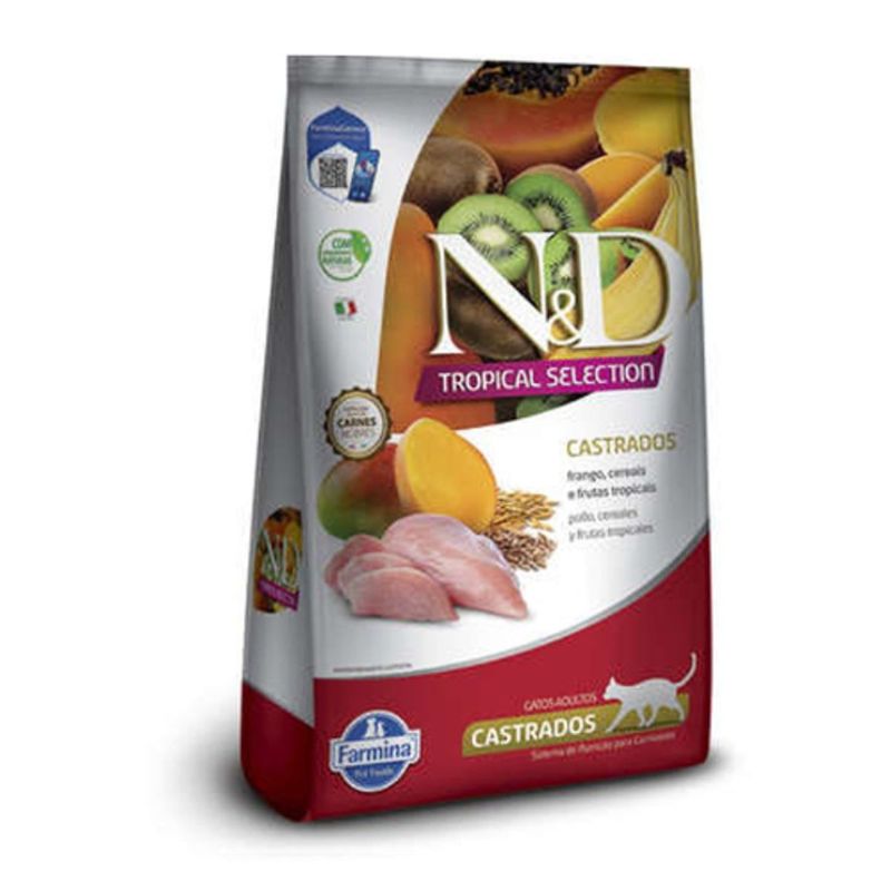 Ra  o Seca N D Tropical Selection para Gatos Adultos Castrados  Frango  Cereais e Frutas Tropicais 7kg 0