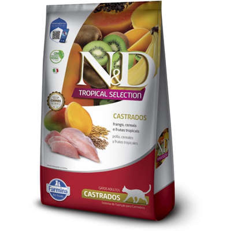 Ra  o Seca N D Tropical Selection para Gatos Adultos Castrados  Frango  Cereais e Frutas Tropicais 7kg 2