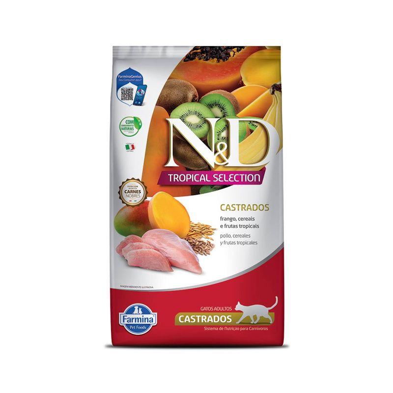 Ra  o Seca N D Tropical Selection para Gatos Adultos Castrados  Frango  Cereais e Frutas Tropicais 1 5kg 2