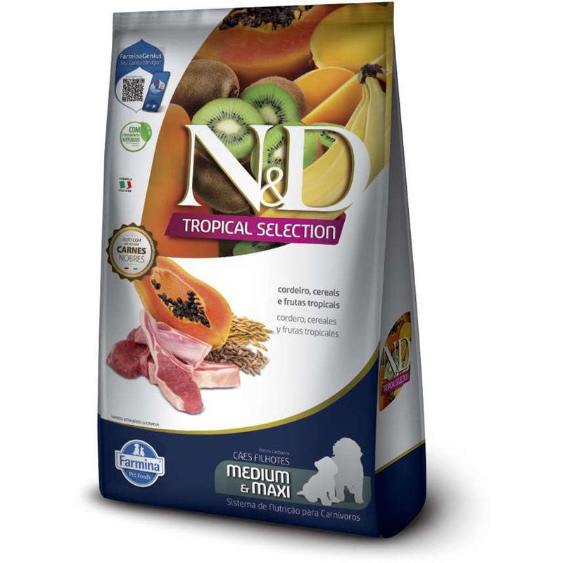 Ra  o Seca N D Tropical Selection para C es Filhotes Porte M dio e Grande Cordeiro  Cereais e Frutas 10kg 2