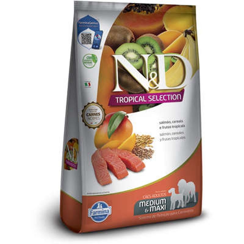 Ra  o Seca N D Tropical Selection para C es Adultos Porte M dio e Grande Salm o  Cereais e Frutas Tropicais 10kg 2