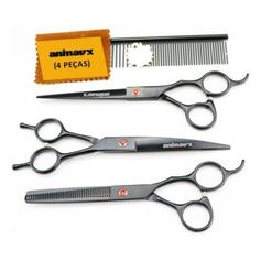 Kit 3 Tesouras Animaux Banho Tosa 7 Polegadas para Cães Preto - 4 peças