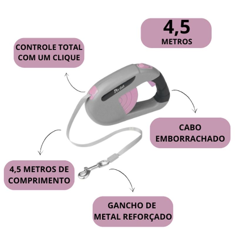 Guia Retr til Animaux Retangular 2 para Coleira Passeio para C es Porte Pequeno e M dio Rosa 4 5m 2